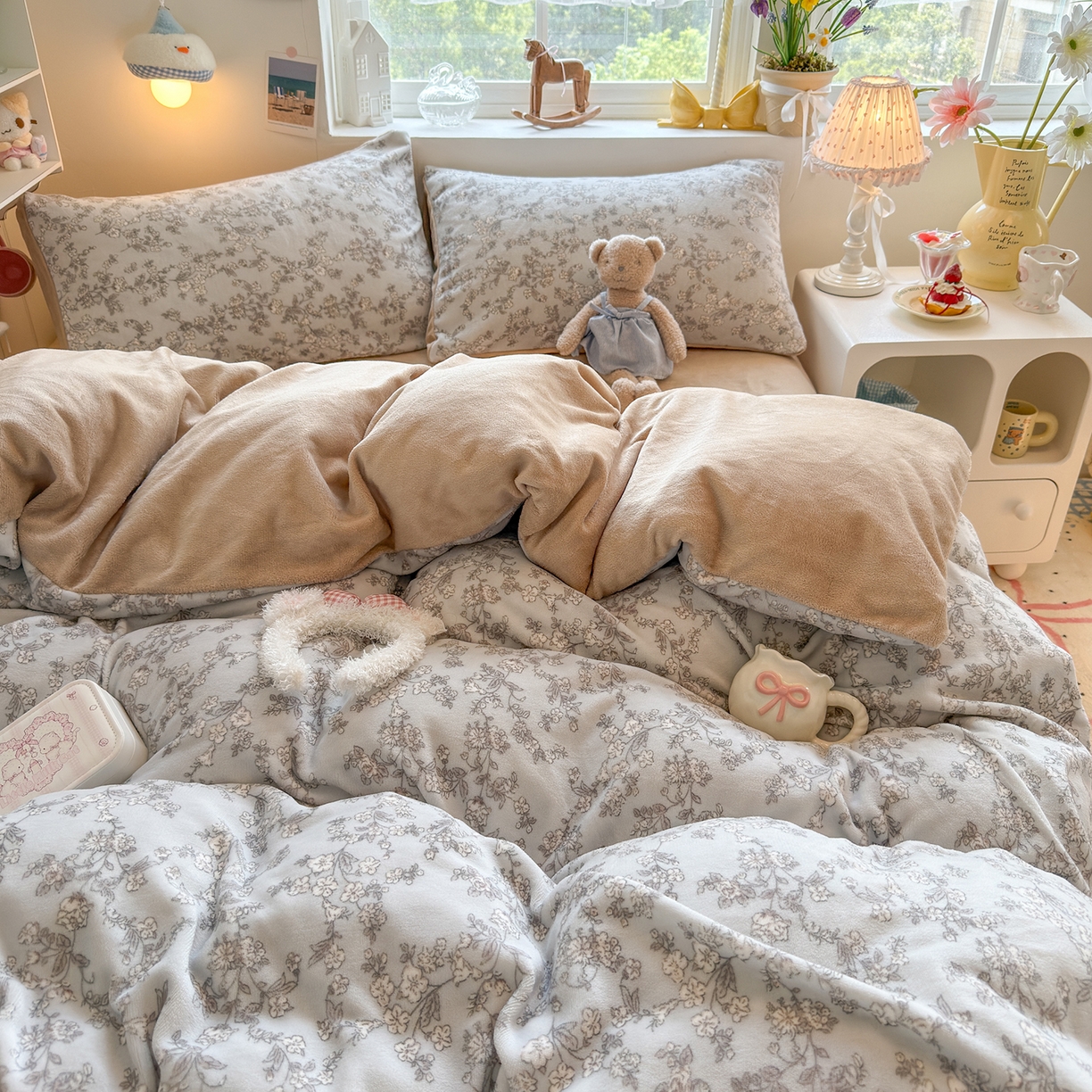 91家纺网 家纺一手货源 找家纺 （总）罗亿家纺 2025新款ins小清新少女奶油卡通可爱加厚200克牛奶绒四件套【3.6公斤】（小红书推荐）