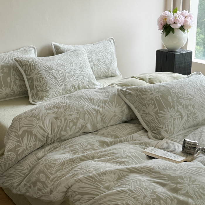 91家纺网 家纺一手货源 找家纺 赛丽雅 2025新款包边雕花烂花牛奶绒四件套 花语