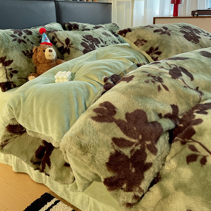 91家纺网 家纺一手货源 找家纺 金梦拉 2025直播爆款A类加厚兔绒印花系列四件套 绿叶