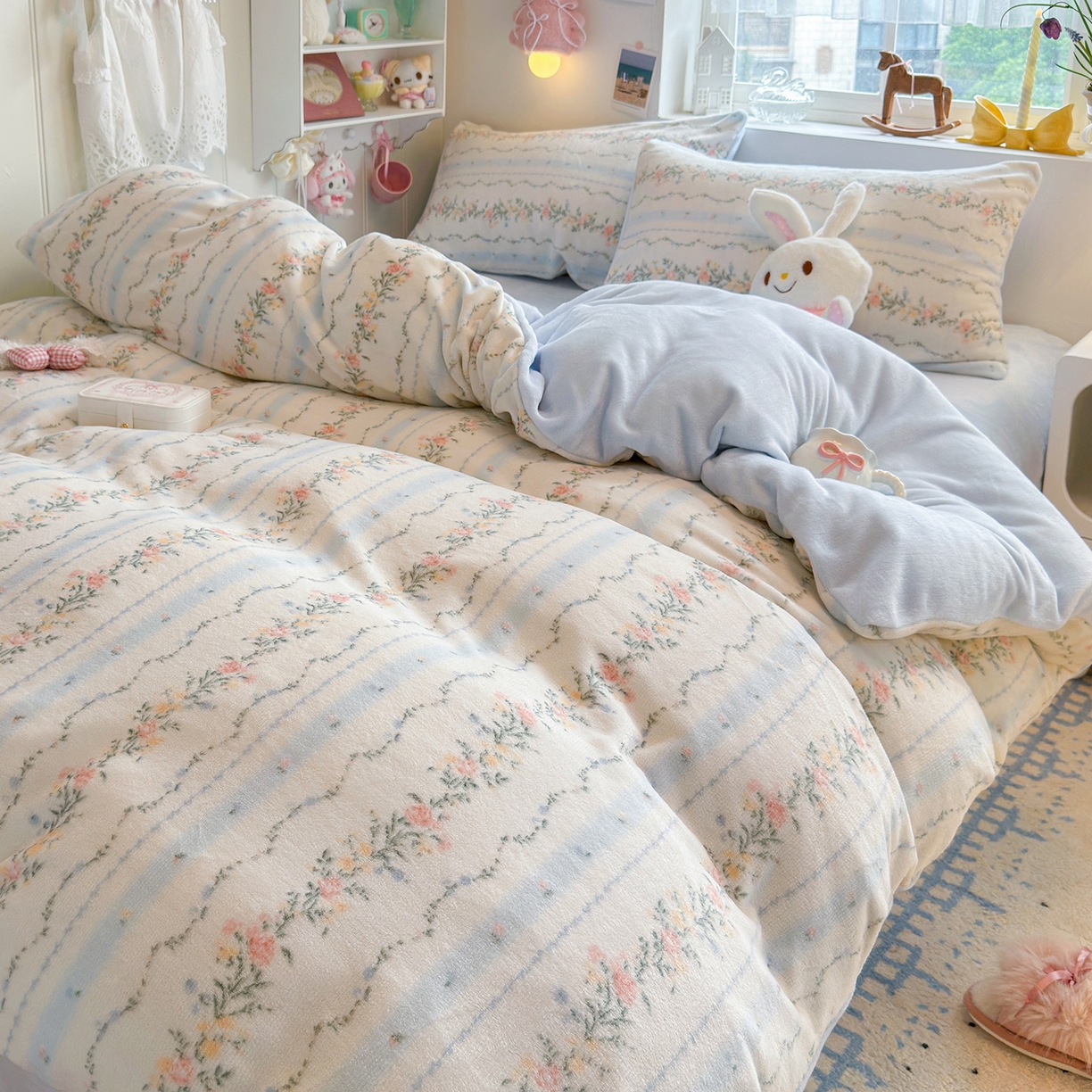 91家纺网 家纺一手货源 找家纺 罗亿家纺 2025新款ins小清新少女奶油卡通可爱加厚200克牛奶绒四件套【3.6公斤】（小红书推荐） 安夏