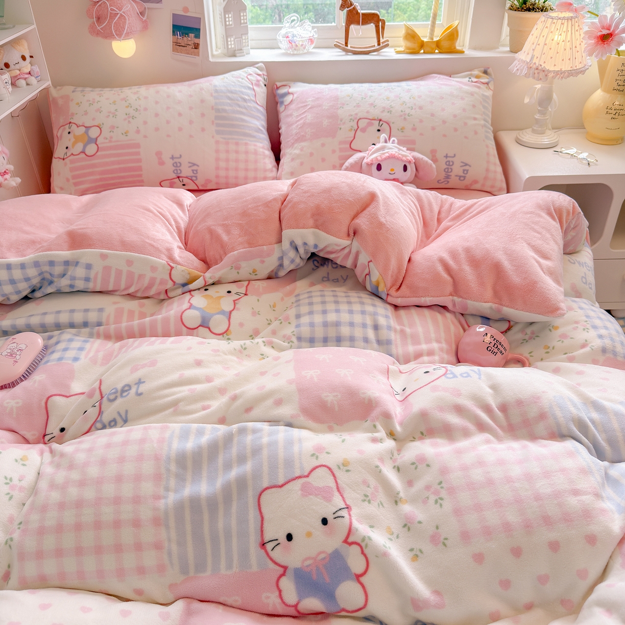 罗亿家纺 2025新款ins小清新少女奶油卡通可爱加厚200克牛奶绒四件套【3.6公斤】（小红书推荐） 布丁猫
