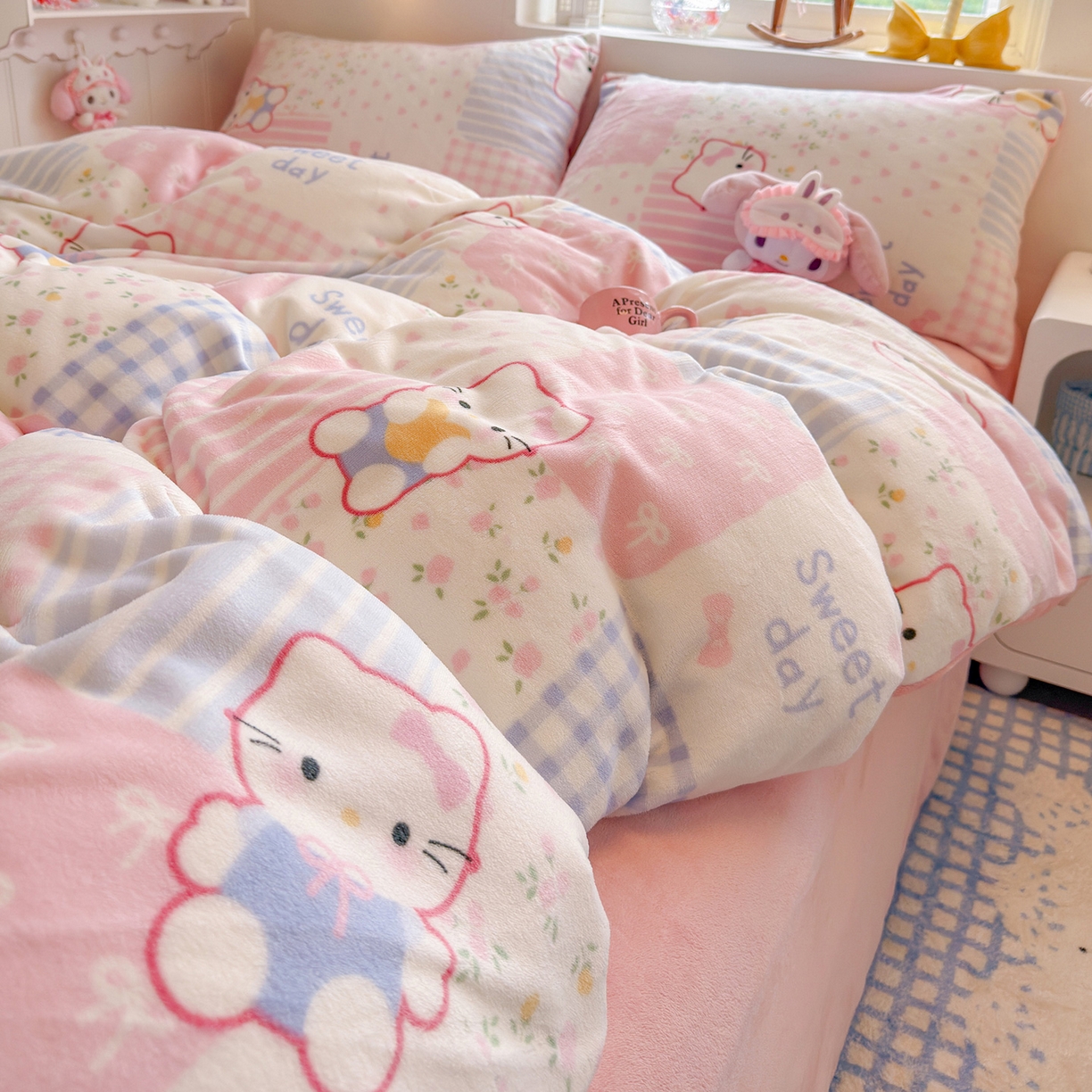 91家纺网 家纺一手货源 找家纺 罗亿家纺 2025新款ins小清新少女奶油卡通可爱加厚200克牛奶绒四件套【3.6公斤】（小红书推荐） 布丁猫