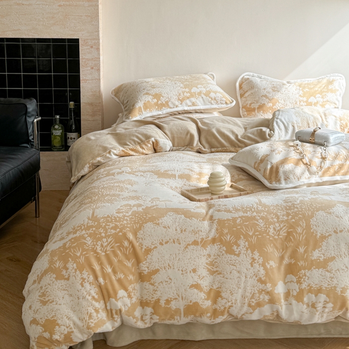 91家纺网 家纺一手货源 找家纺 赛丽雅 2025新款包边雕花烂花牛奶绒四件套 森宇-黄