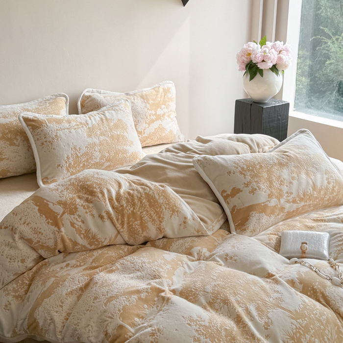 91家纺网 家纺一手货源 找家纺 赛丽雅 2025新款包边雕花烂花牛奶绒四件套 森宇-黄