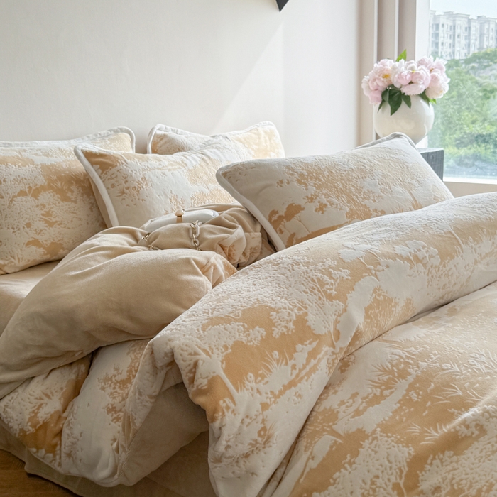 赛丽雅 2025新款包边雕花烂花牛奶绒四件套 森宇-黄