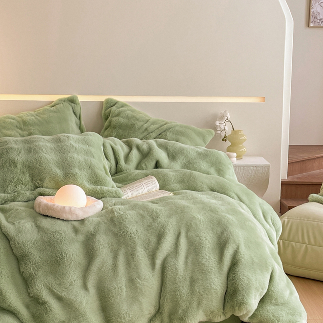 91家纺网 家纺一手货源 找家纺 曲之慕 2025新款高克重皮草绒牛奶绒兔毛四件套 颜可-绿