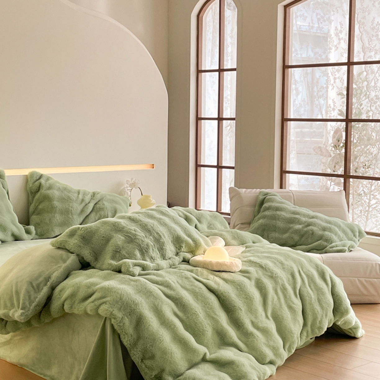 91家纺网 家纺一手货源 找家纺 曲之慕 2025新款高克重皮草绒牛奶绒兔毛四件套 颜可-绿