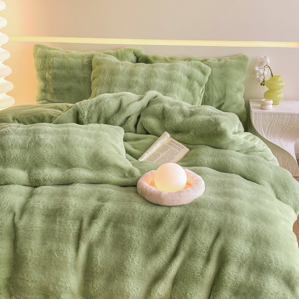 91家纺网 家纺一手货源 找家纺 曲之慕 2025新款高克重皮草绒牛奶绒兔毛四件套 颜可-绿