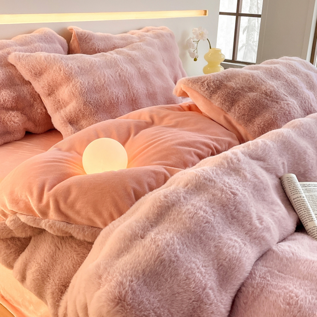 91家纺网 家纺一手货源 找家纺 曲之慕 2025新款高克重皮草绒牛奶绒兔毛四件套 颜可-粉