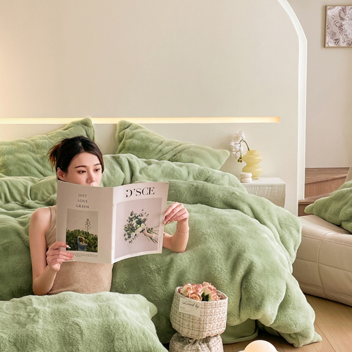 91家纺网 家纺一手货源 找家纺 曲之慕 2025新款高克重皮草绒牛奶绒兔毛四件套 颜可-绿