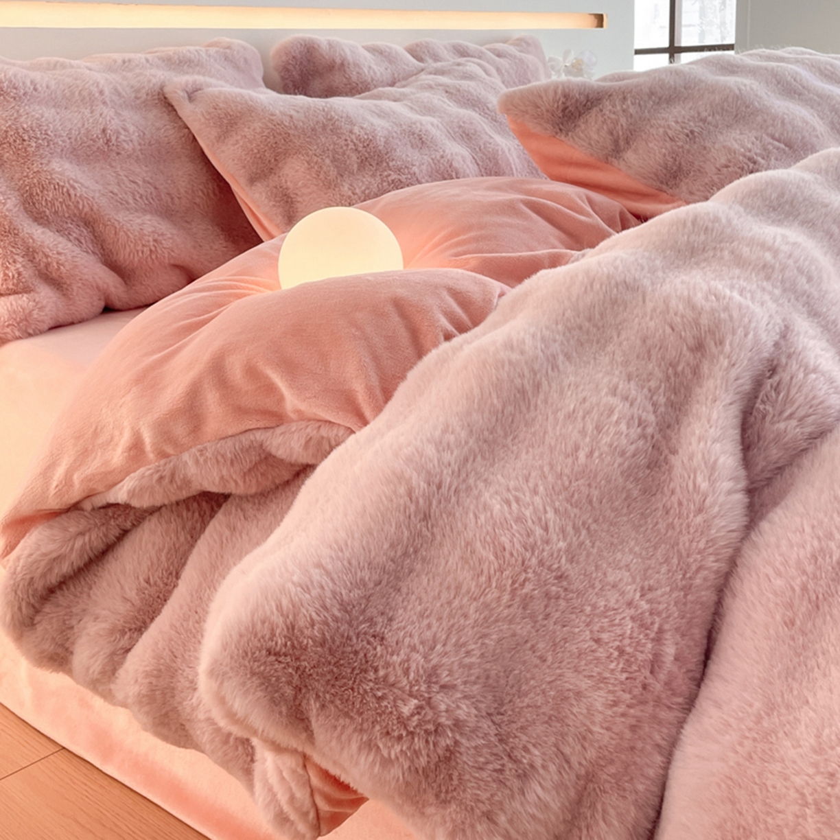 91家纺网 家纺一手货源 找家纺 曲之慕 2025新款高克重皮草绒牛奶绒兔毛四件套 颜可-粉