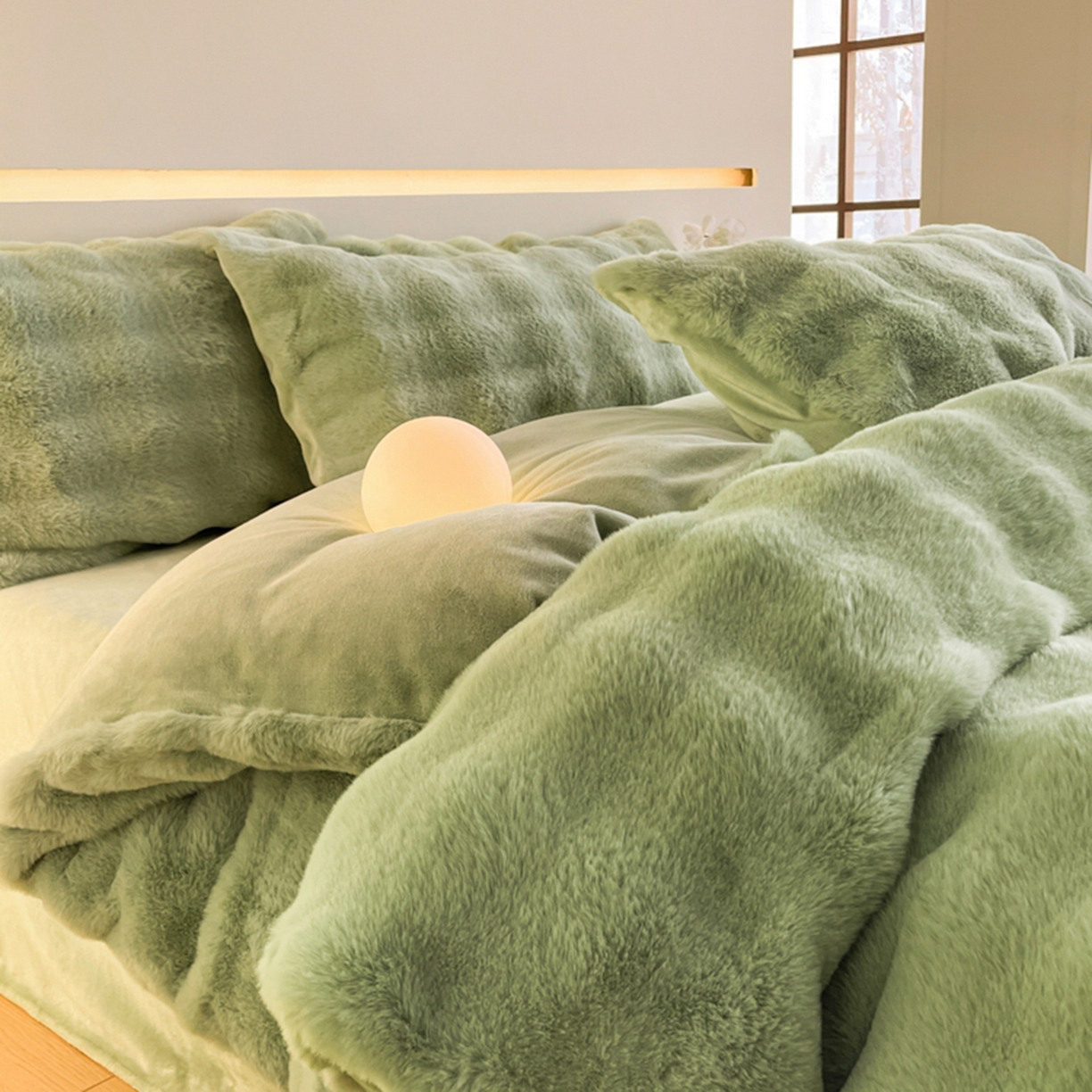 91家纺网 家纺一手货源 找家纺 曲之慕 2025新款高克重皮草绒牛奶绒兔毛四件套 颜可-绿