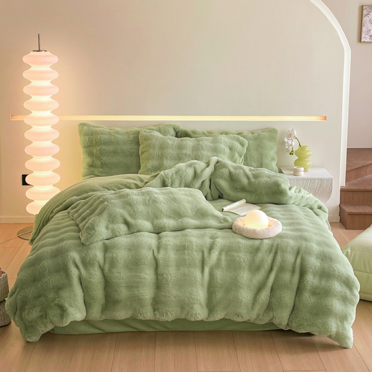 91家纺网 家纺一手货源 找家纺 曲之慕 2025新款高克重皮草绒牛奶绒兔毛四件套 颜可-绿