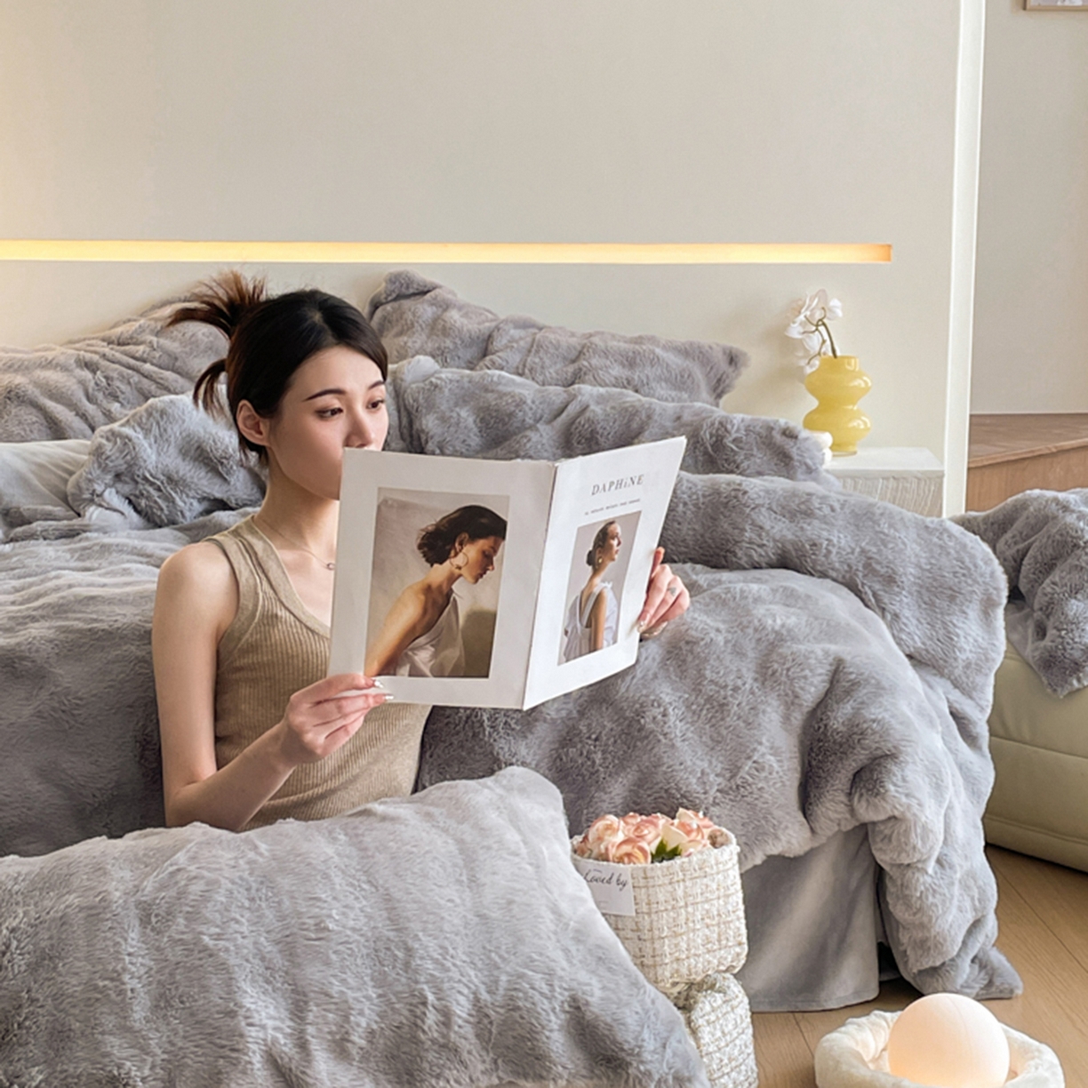 91家纺网 家纺一手货源 找家纺 曲之慕 2025新款高克重皮草绒牛奶绒兔毛四件套 颜可-灰