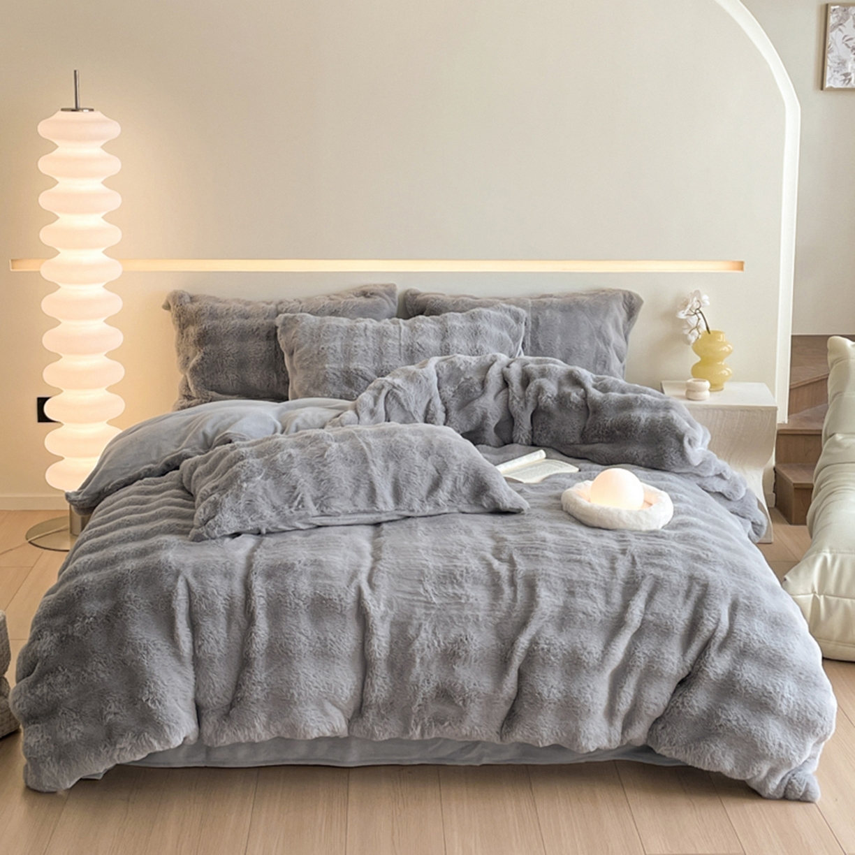 曲之慕 2025新款高克重皮草绒牛奶绒兔毛四件套 颜可-灰