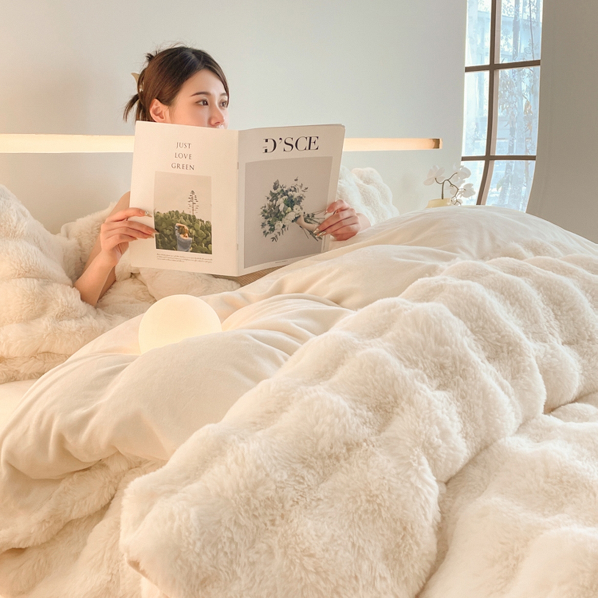 91家纺网 家纺一手货源 找家纺 曲之慕 2025新款高克重皮草绒牛奶绒兔毛四件套 颜可-白