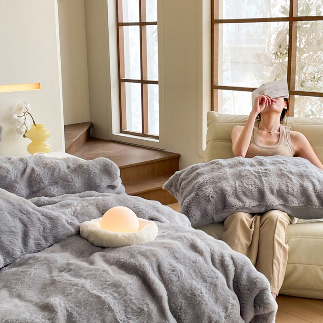 91家纺网 家纺一手货源 找家纺 曲之慕 2025新款高克重皮草绒牛奶绒兔毛四件套 颜可-灰