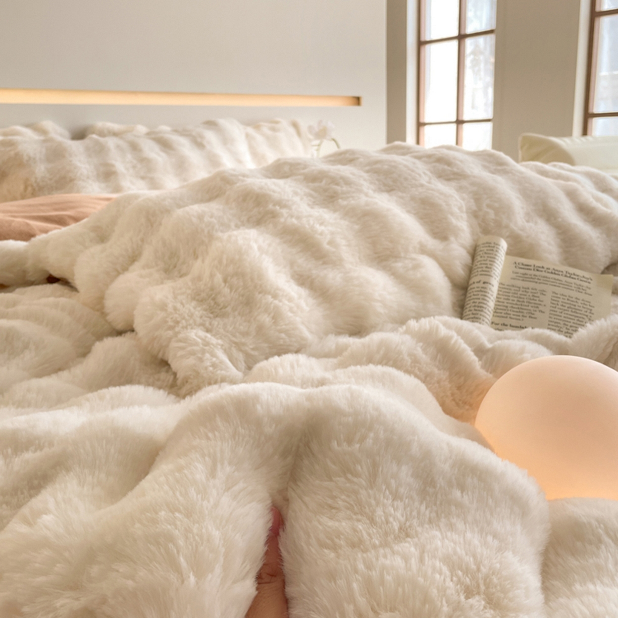 91家纺网 家纺一手货源 找家纺 曲之慕 2025新款高克重皮草绒牛奶绒兔毛四件套 颜可-白+咖