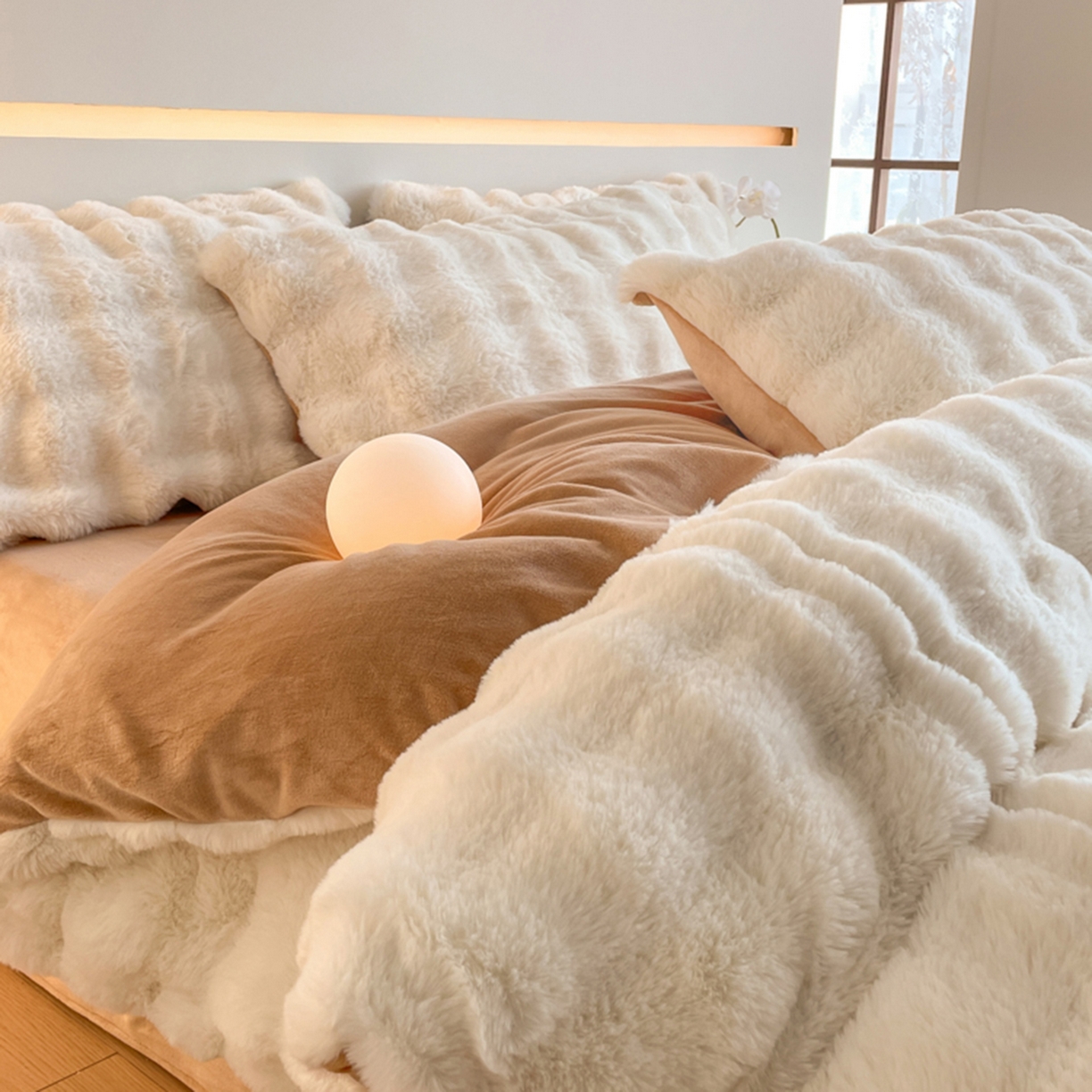 91家纺网 家纺一手货源 找家纺 曲之慕 2025新款高克重皮草绒牛奶绒兔毛四件套 颜可-白+咖