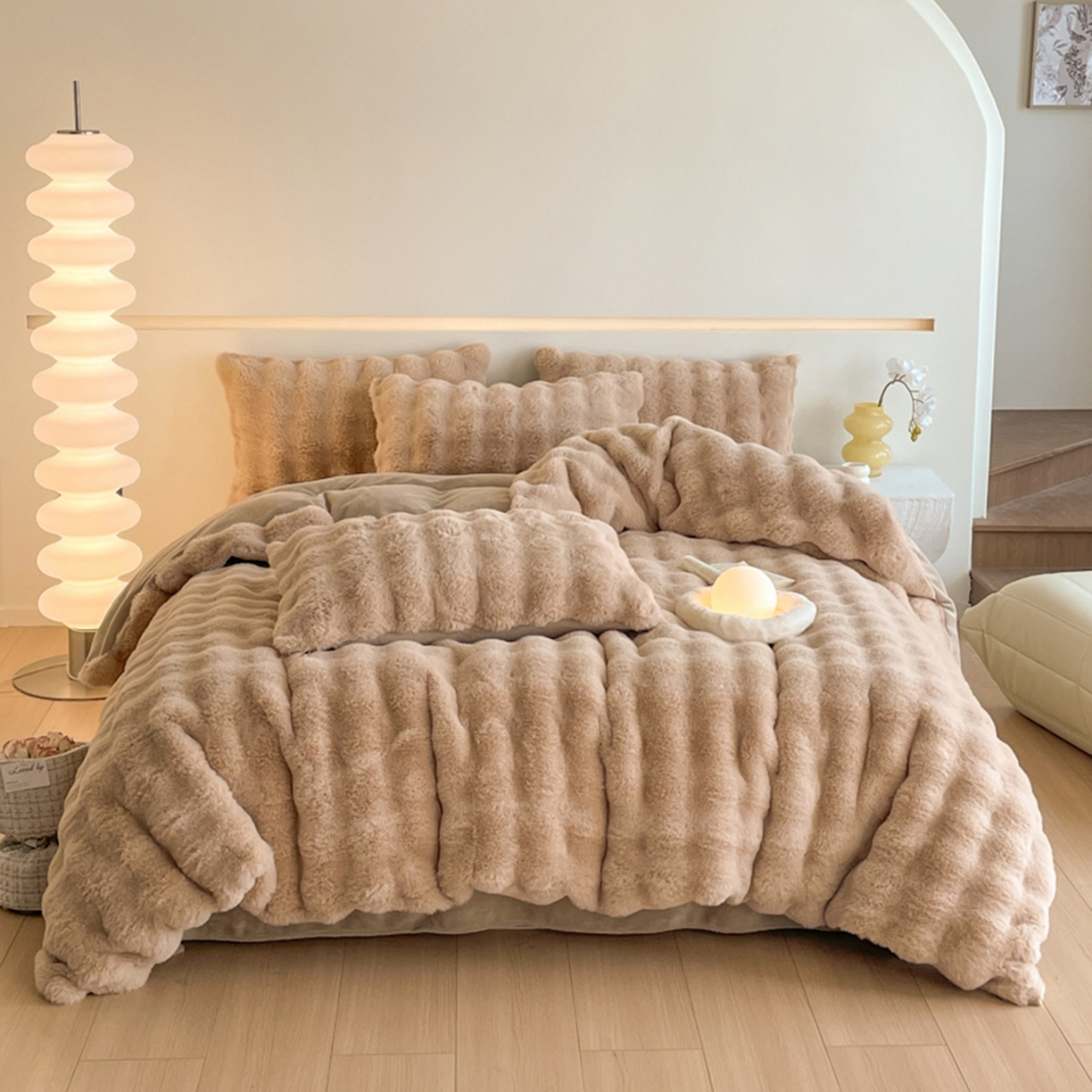 曲之慕 2025新款高克重皮草绒牛奶绒兔毛四件套 颜可-咖