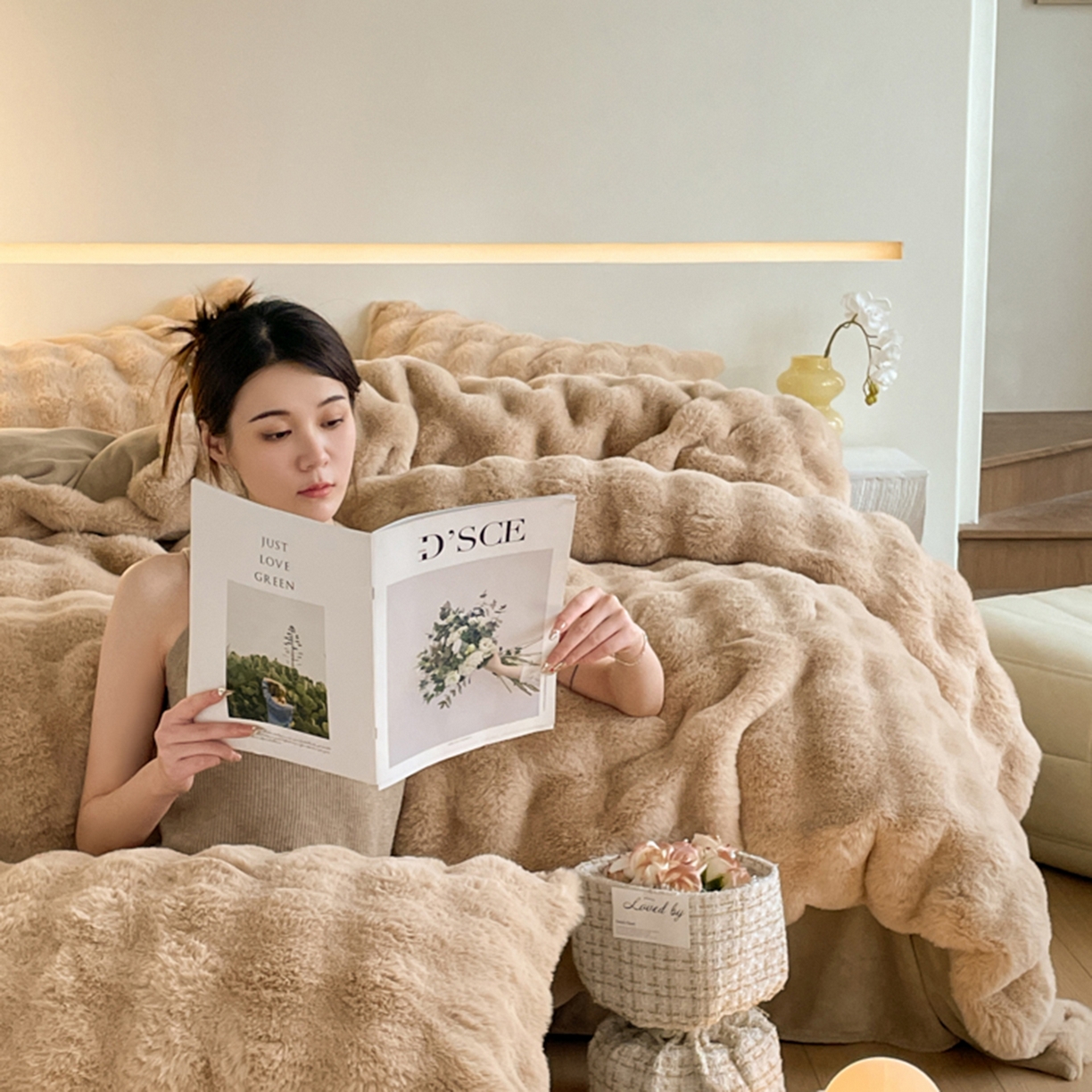 91家纺网 家纺一手货源 找家纺 曲之慕 2025新款高克重皮草绒牛奶绒兔毛四件套 颜可-咖