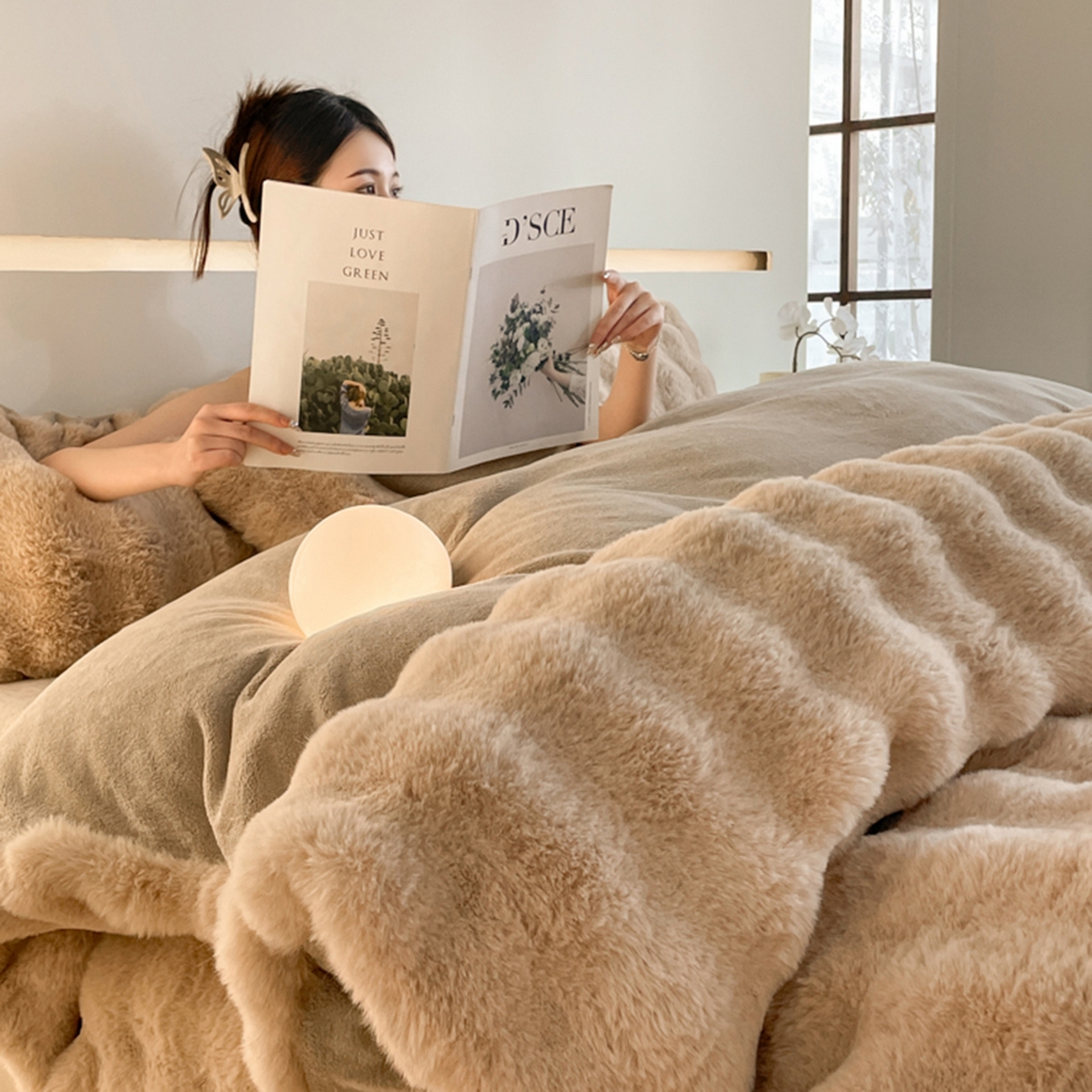 91家纺网 家纺一手货源 找家纺 曲之慕 2025新款高克重皮草绒牛奶绒兔毛四件套 颜可-咖