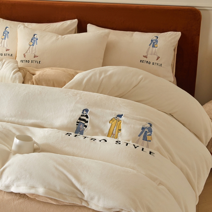 91家纺网 家纺一手货源 找家纺 ONE TWO ONE 121 新品【牛奶绒刺绣四件套】2025毛毯被子四件套单件床单被套床笠珊瑚绒牛奶绒冬被法兰绒兔毛绒 baby-白咖