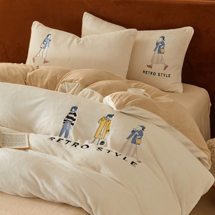 91家纺网 家纺一手货源 找家纺 ONE TWO ONE 121 新品【牛奶绒刺绣四件套】2025毛毯被子四件套单件床单被套床笠珊瑚绒牛奶绒冬被法兰绒兔毛绒 baby-白咖