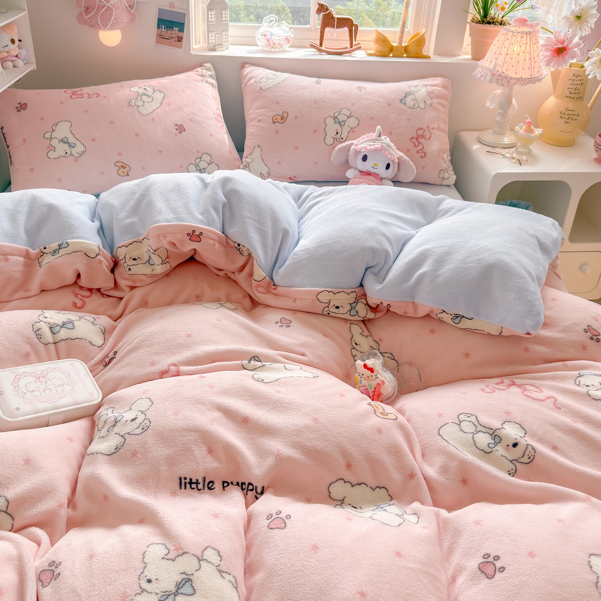 罗亿家纺 2025新款ins小清新少女奶油卡通可爱加厚200克牛奶绒四件套【3.6公斤】（小红书推荐） 狗狗go