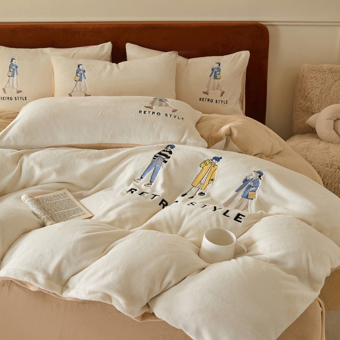 91家纺网 家纺一手货源 找家纺 ONE TWO ONE 121 新品【牛奶绒刺绣四件套】2025毛毯被子四件套单件床单被套床笠珊瑚绒牛奶绒冬被法兰绒兔毛绒 baby-白咖