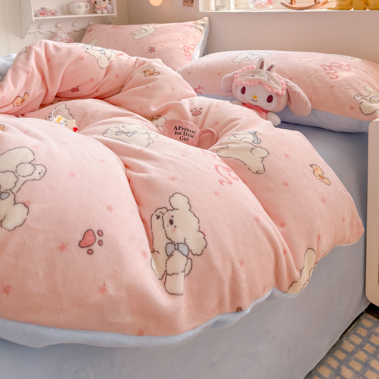 91家纺网 家纺一手货源 找家纺 罗亿家纺 2025新款ins小清新少女奶油卡通可爱加厚200克牛奶绒四件套【3.6公斤】（小红书推荐） 狗狗go