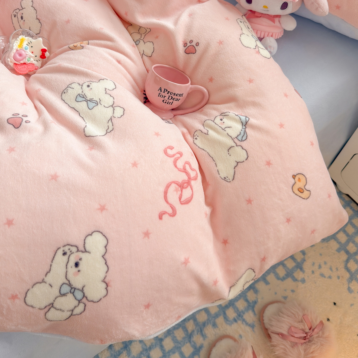 91家纺网 家纺一手货源 找家纺 罗亿家纺 2025新款ins小清新少女奶油卡通可爱加厚200克牛奶绒四件套【3.6公斤】（小红书推荐） 狗狗go