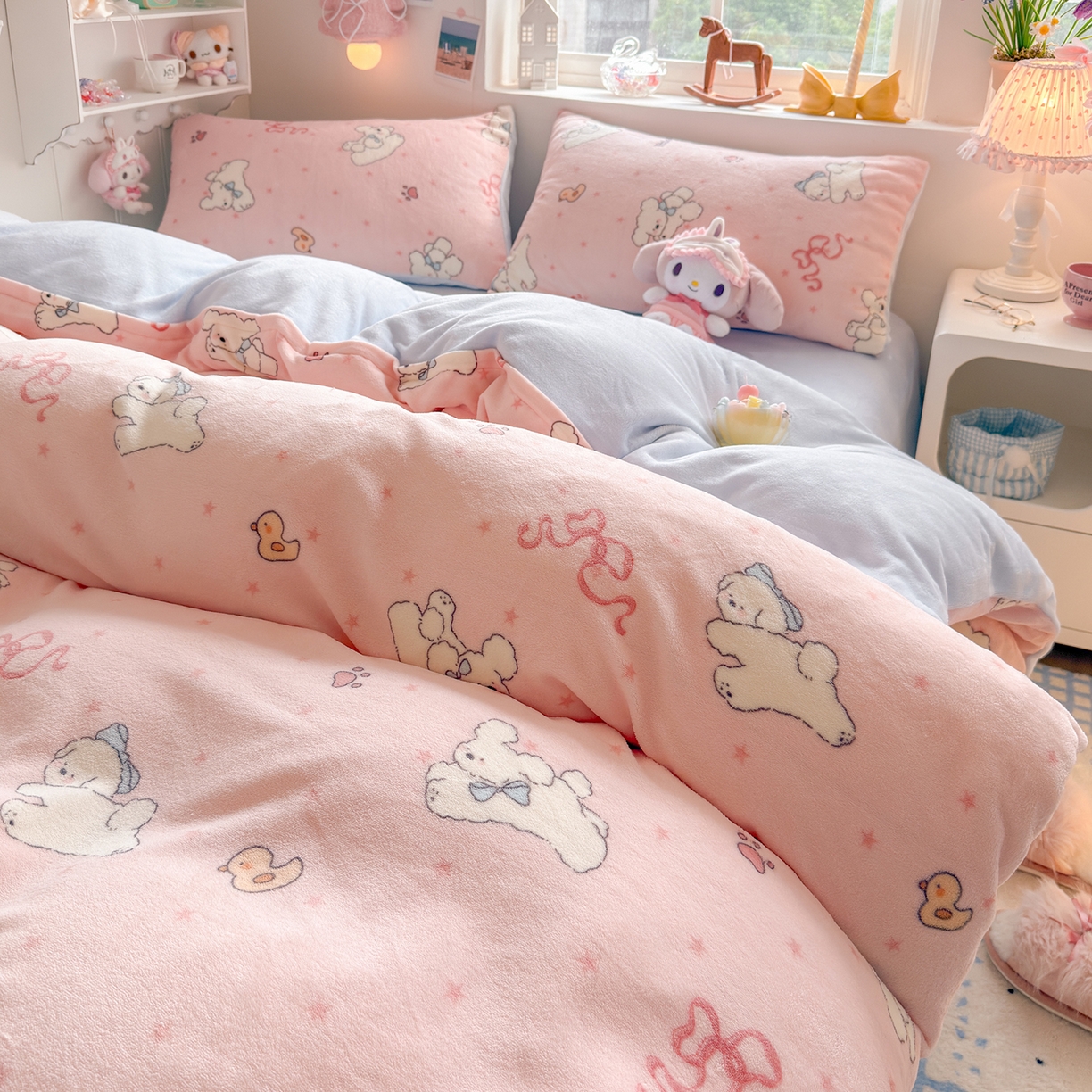 91家纺网 家纺一手货源 找家纺 罗亿家纺 2025新款ins小清新少女奶油卡通可爱加厚200克牛奶绒四件套【3.6公斤】（小红书推荐） 狗狗go