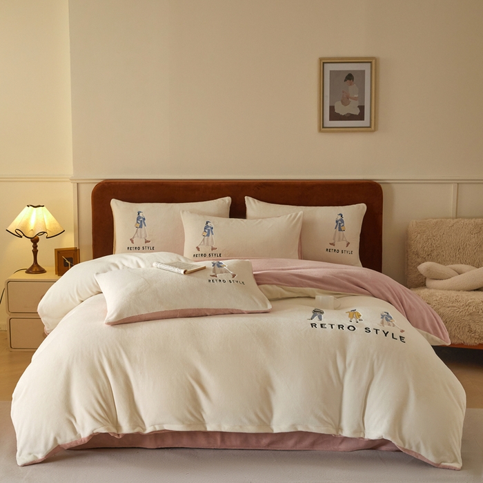 91家纺网 家纺一手货源 找家纺 ONE TWO ONE 121 新品【牛奶绒刺绣四件套】2025毛毯被子四件套单件床单被套床笠珊瑚绒牛奶绒冬被法兰绒兔毛绒 baby-橘粉