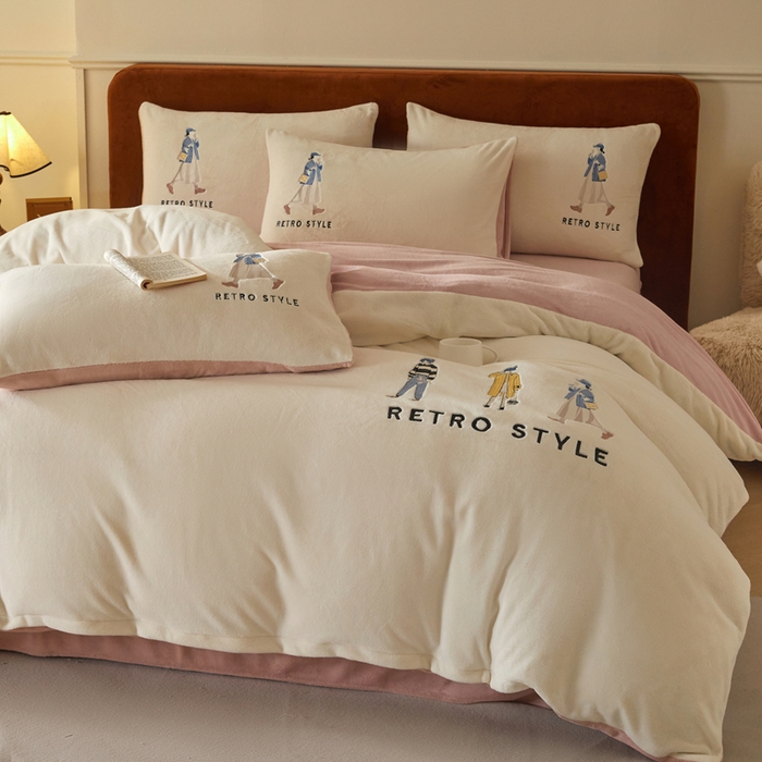 91家纺网 家纺一手货源 找家纺 ONE TWO ONE 121 新品【牛奶绒刺绣四件套】2025毛毯被子四件套单件床单被套床笠珊瑚绒牛奶绒冬被法兰绒兔毛绒 baby-橘粉