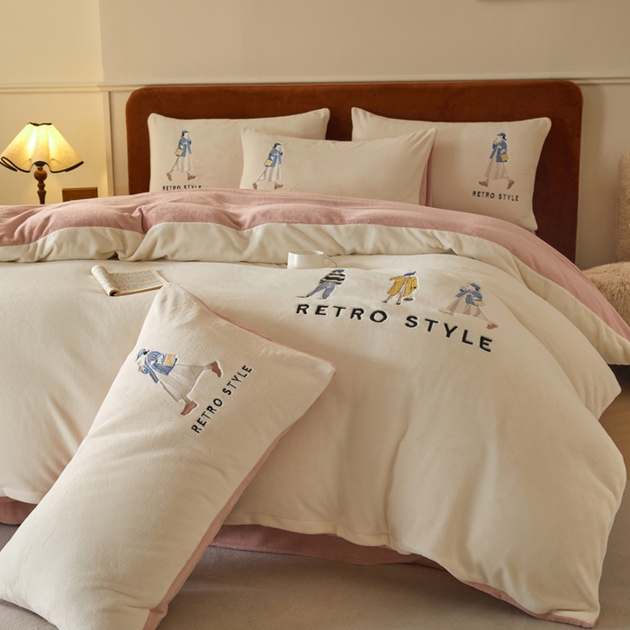 91家纺网 家纺一手货源 找家纺 ONE TWO ONE 121 新品【牛奶绒刺绣四件套】2025毛毯被子四件套单件床单被套床笠珊瑚绒牛奶绒冬被法兰绒兔毛绒 baby-橘粉