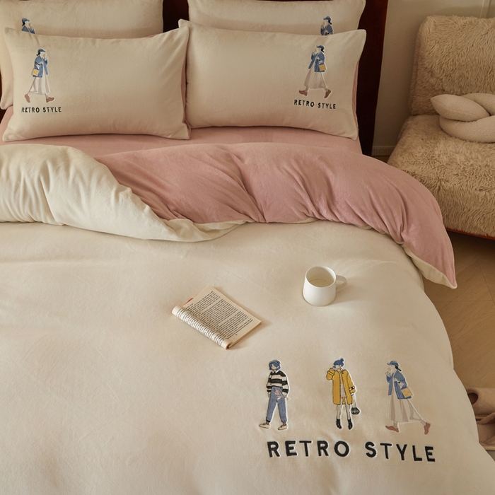 91家纺网 家纺一手货源 找家纺 ONE TWO ONE 121 新品【牛奶绒刺绣四件套】2025毛毯被子四件套单件床单被套床笠珊瑚绒牛奶绒冬被法兰绒兔毛绒 baby-橘粉