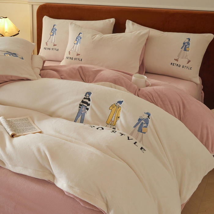 91家纺网 家纺一手货源 找家纺 ONE TWO ONE 121 新品【牛奶绒刺绣四件套】2025毛毯被子四件套单件床单被套床笠珊瑚绒牛奶绒冬被法兰绒兔毛绒 baby-橘粉