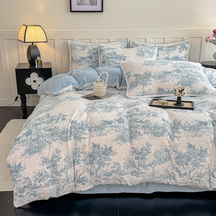 91家纺网 家纺一手货源 找家纺 赛丽雅 2025新款包边雕花烂花牛奶绒四件套 云思木想