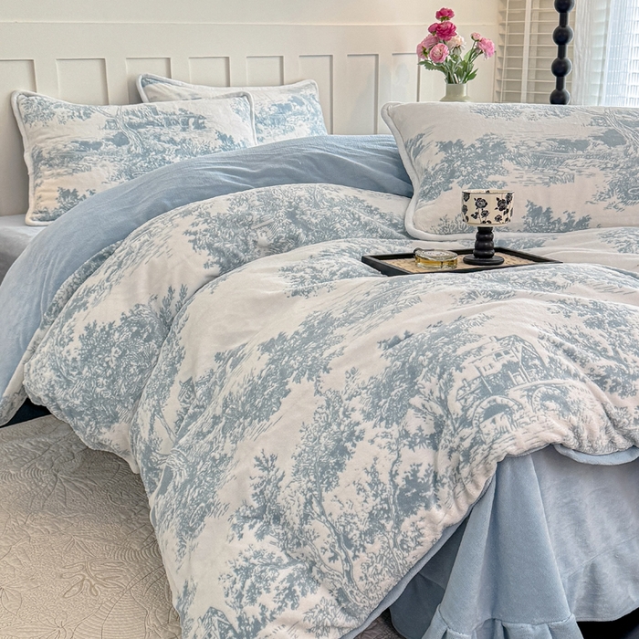 91家纺网 家纺一手货源 找家纺 赛丽雅 2025新款包边雕花烂花牛奶绒四件套 云思木想