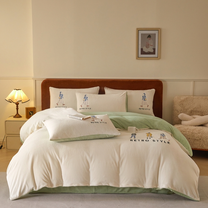 91家纺网 家纺一手货源 找家纺 ONE TWO ONE 121 新品【牛奶绒刺绣四件套】2025毛毯被子四件套单件床单被套床笠珊瑚绒牛奶绒冬被法兰绒兔毛绒 baby-浅绿