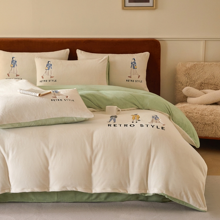 91家纺网 家纺一手货源 找家纺 ONE TWO ONE 121 新品【牛奶绒刺绣四件套】2025毛毯被子四件套单件床单被套床笠珊瑚绒牛奶绒冬被法兰绒兔毛绒 baby-浅绿