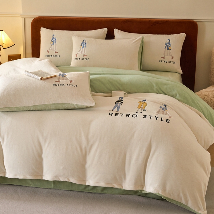 91家纺网 家纺一手货源 找家纺 ONE TWO ONE 121 新品【牛奶绒刺绣四件套】2025毛毯被子四件套单件床单被套床笠珊瑚绒牛奶绒冬被法兰绒兔毛绒 baby-浅绿