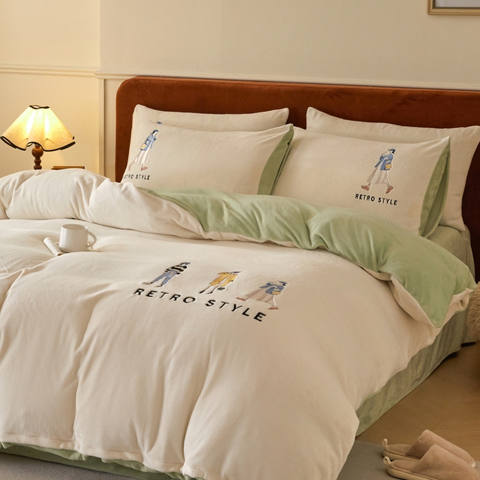 91家纺网 家纺一手货源 找家纺 ONE TWO ONE 121 新品【牛奶绒刺绣四件套】2025毛毯被子四件套单件床单被套床笠珊瑚绒牛奶绒冬被法兰绒兔毛绒 baby-浅绿