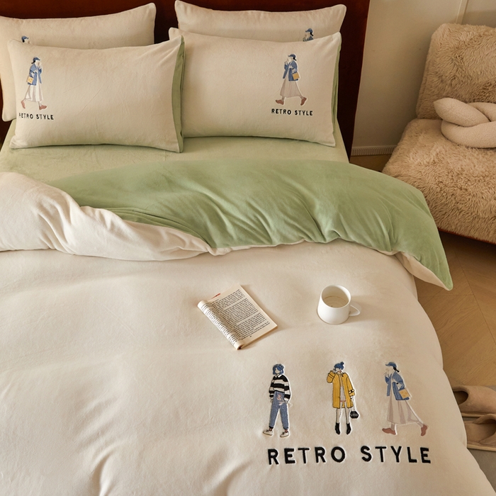 91家纺网 家纺一手货源 找家纺 ONE TWO ONE 121 新品【牛奶绒刺绣四件套】2025毛毯被子四件套单件床单被套床笠珊瑚绒牛奶绒冬被法兰绒兔毛绒 baby-浅绿