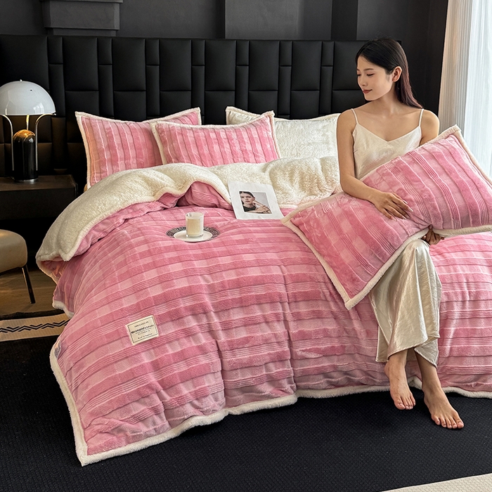 雅诗帛 2025新款A类玉兔绒北极绒纯色四件套 玉兔粉【双面加绒】