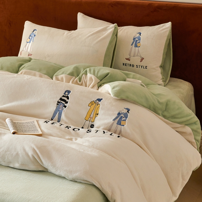 91家纺网 家纺一手货源 找家纺 ONE TWO ONE 121 新品【牛奶绒刺绣四件套】2025毛毯被子四件套单件床单被套床笠珊瑚绒牛奶绒冬被法兰绒兔毛绒 baby-浅绿