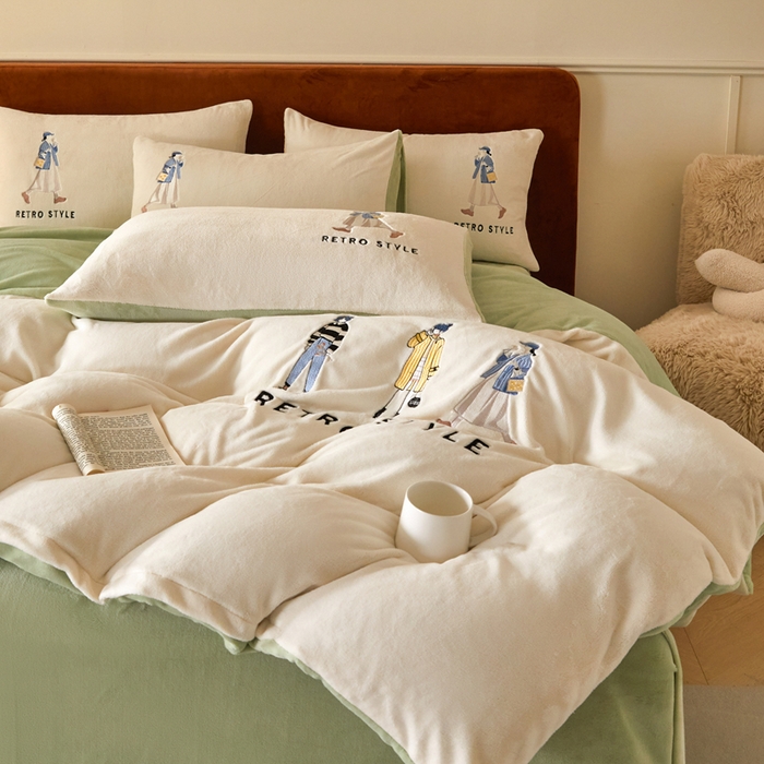 91家纺网 家纺一手货源 找家纺 ONE TWO ONE 121 新品【牛奶绒刺绣四件套】2025毛毯被子四件套单件床单被套床笠珊瑚绒牛奶绒冬被法兰绒兔毛绒 baby-浅绿