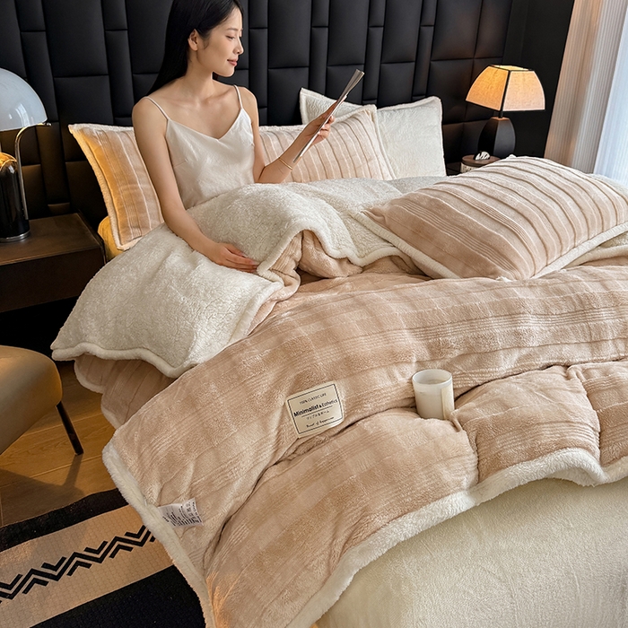 91家纺网 家纺一手货源 找家纺 雅诗帛 2025新款A类玉兔绒北极绒纯色四件套 玉兔咖【双面加绒】