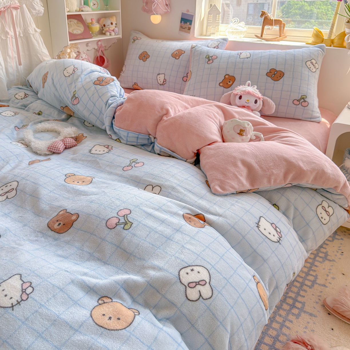 91家纺网 家纺一手货源 找家纺 罗亿家纺 2025新款ins小清新少女奶油卡通可爱加厚200克牛奶绒四件套【3.6公斤】（小红书推荐） 萌仔派对